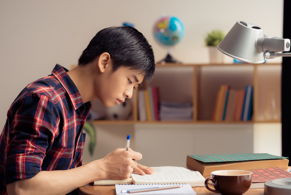 Jovem menino estudado em casa.