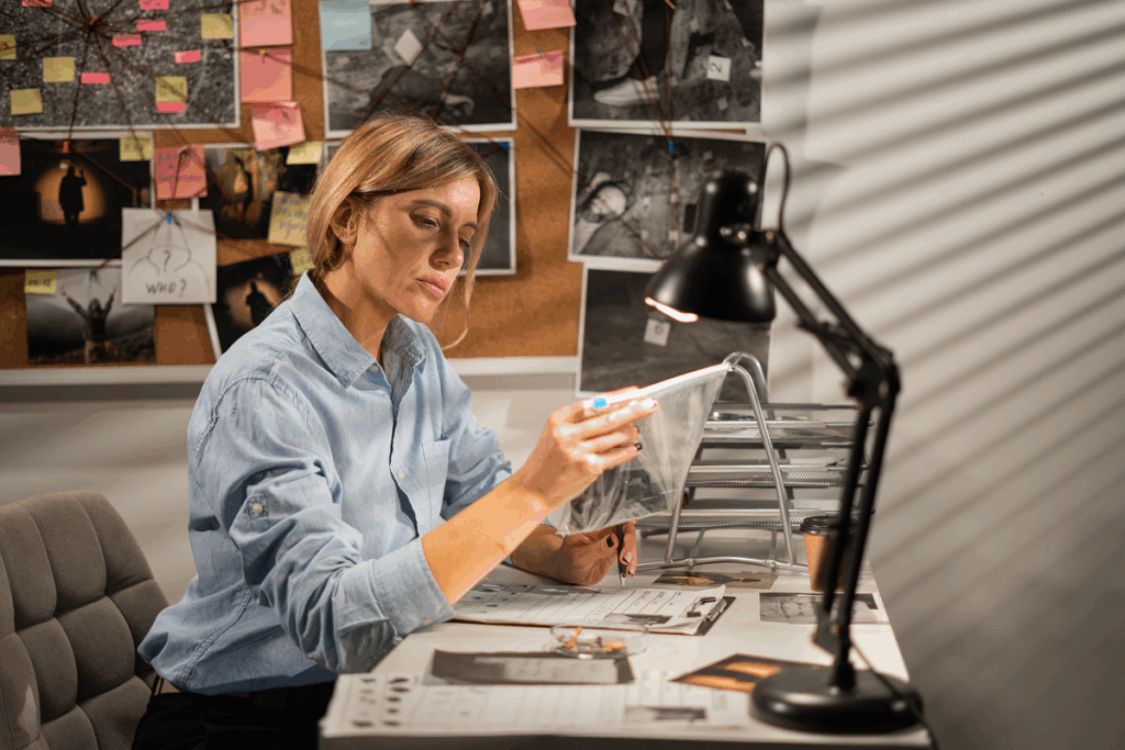 Pessoa analisando evidências de um crime. Carreira em criminologia.